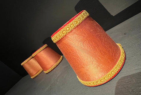Set 3 Vintage Silk Clip On Lamp Shades Orangey Red with Gold Trim