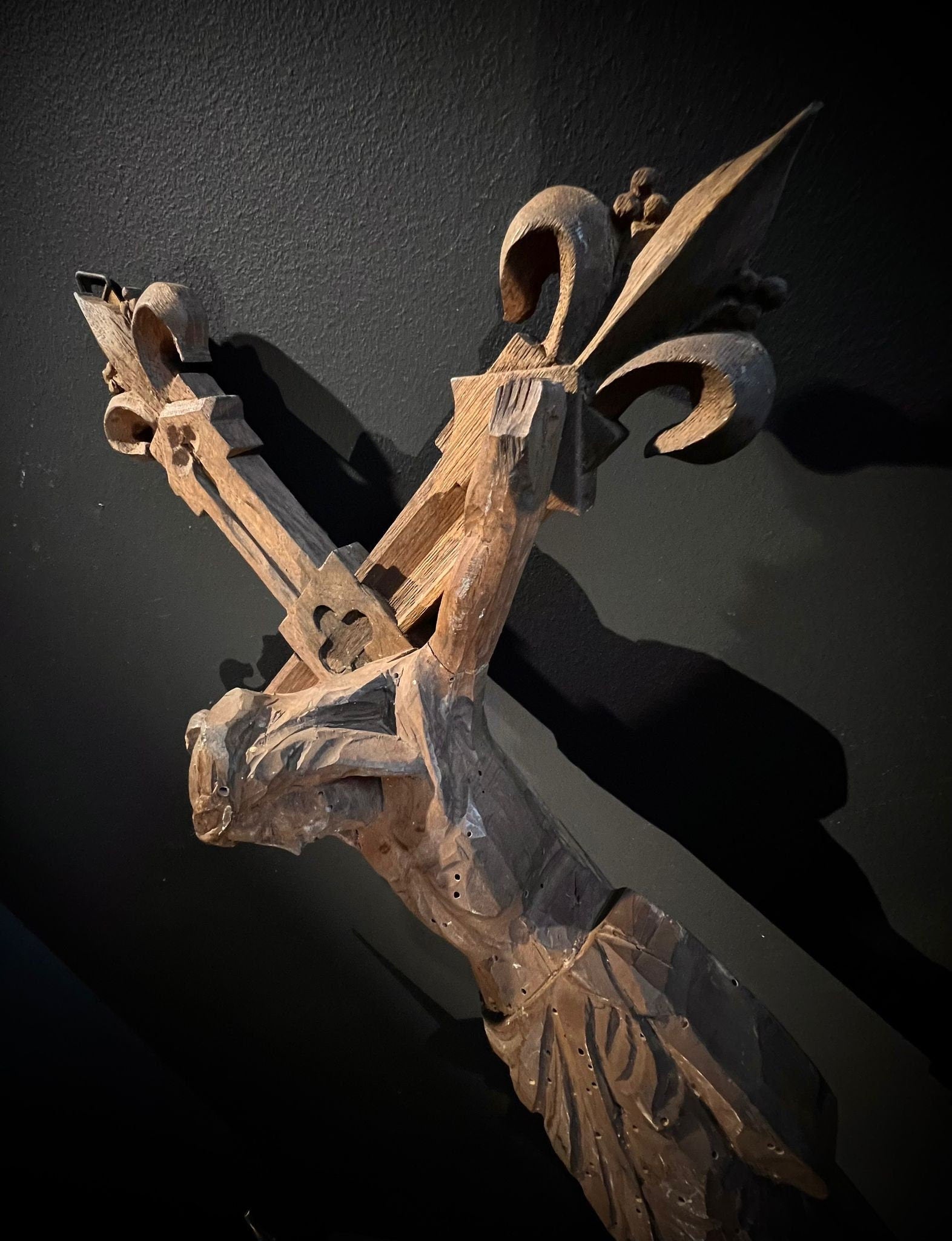 French Vintage Hand carved Wood Church/Alter Crucifix with Fleur de lys and Quatrefoil Detail.