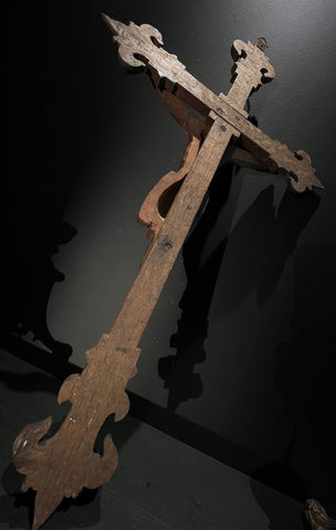 French Vintage Hand carved Wood Church/Alter Crucifix with Fleur de lys and Quatrefoil Detail.