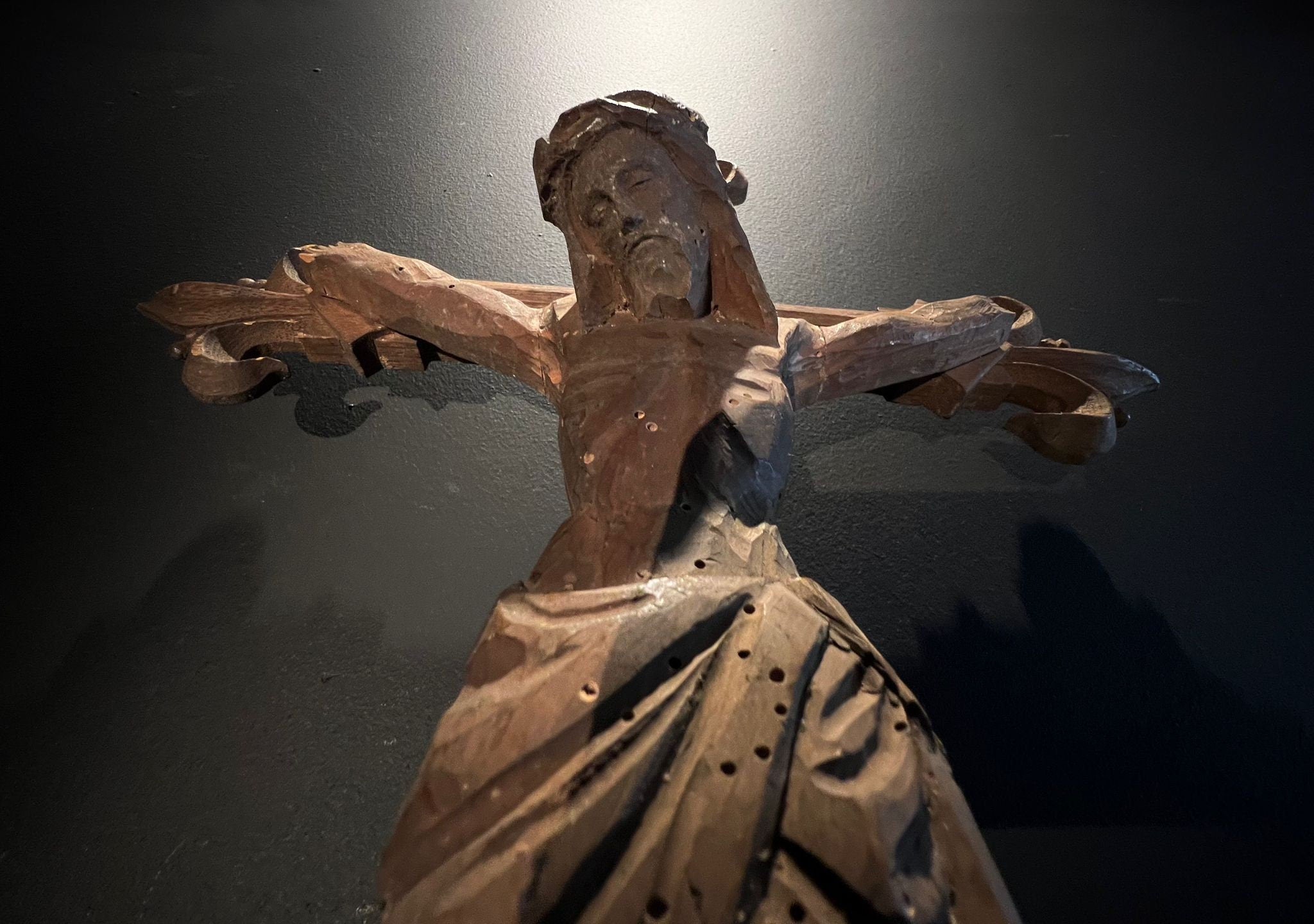 French Vintage Hand carved Wood Church/Alter Crucifix with Fleur de lys and Quatrefoil Detail.