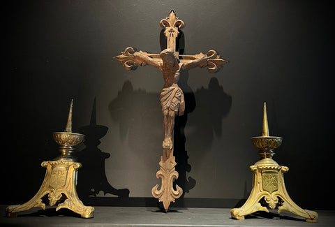 French Vintage Hand carved Wood Church/Alter Crucifix with Fleur de lys and Quatrefoil Detail.