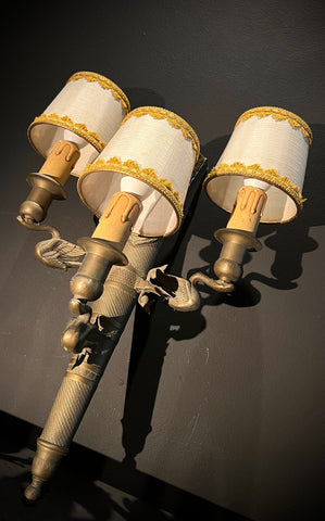 Antique Brass Wall Sconce | Triple Arm Wall Light | Worn Gilt Rococo Design