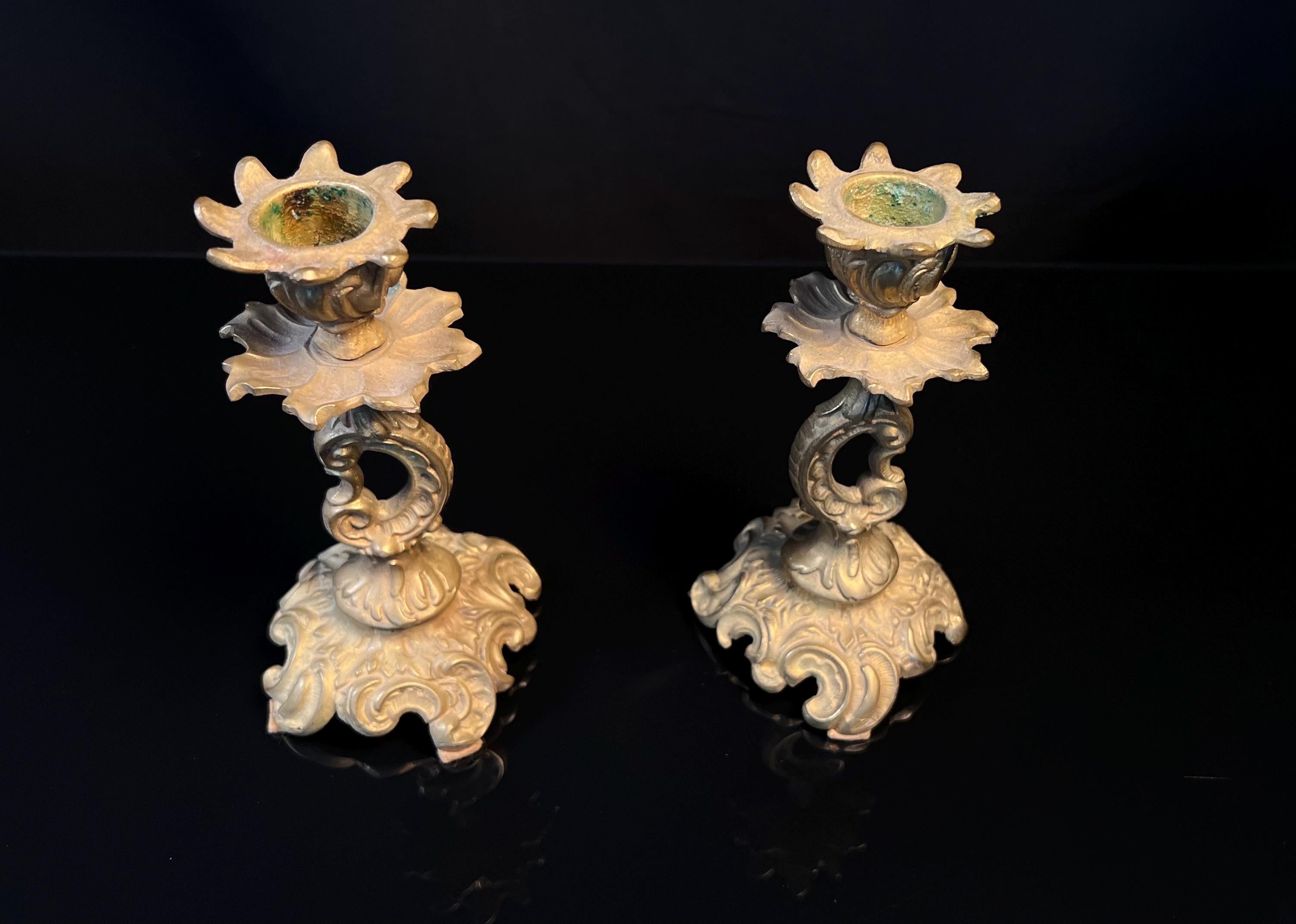 Pair Antique Brass Candlesticks  |  French Rococo Style