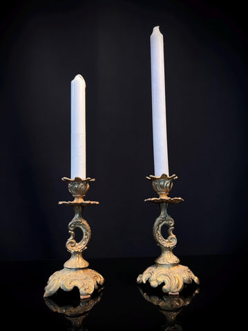 Pair Antique Brass Candlesticks  |  French Rococo Style