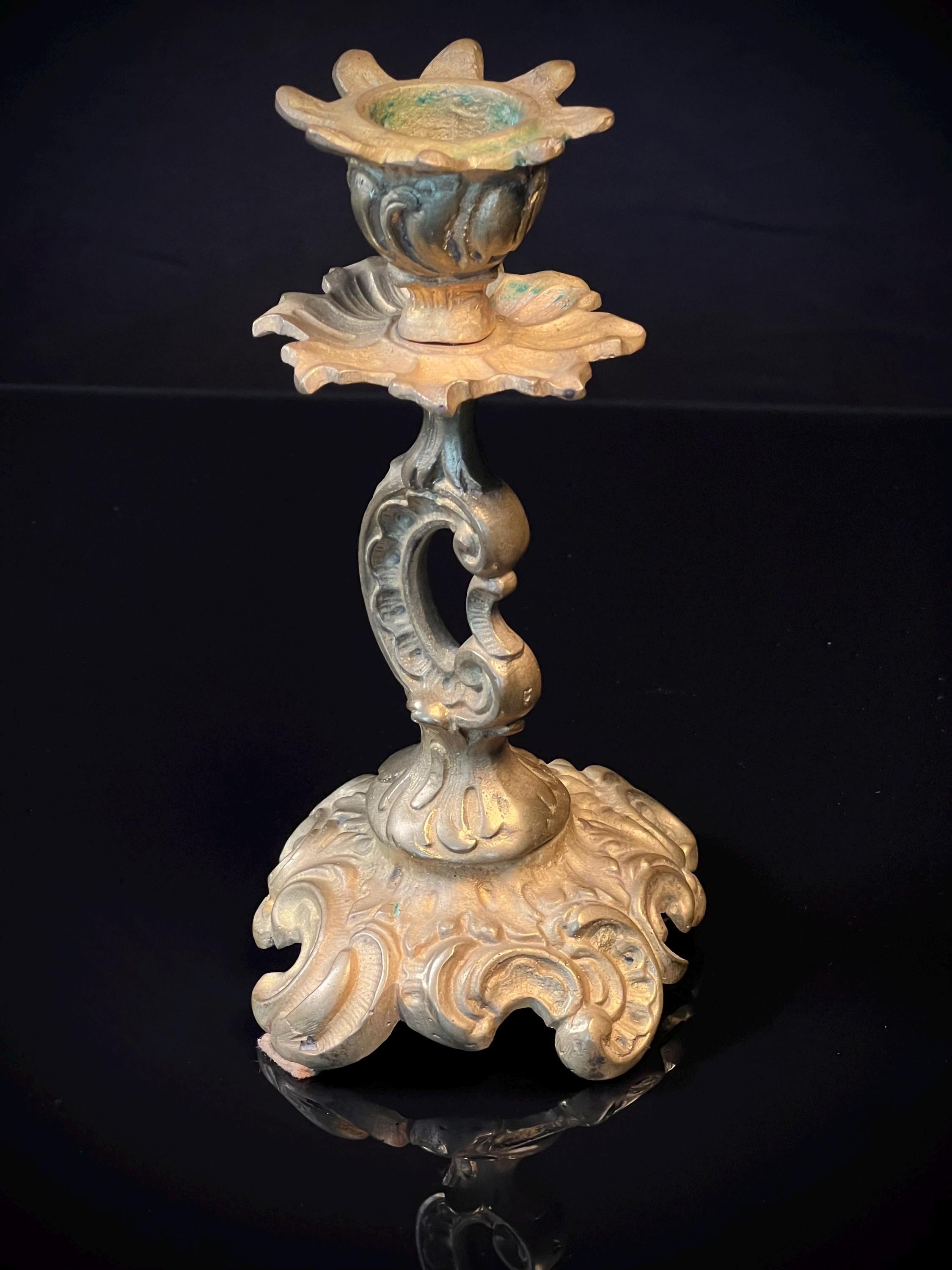Pair Antique Brass Candlesticks  |  French Rococo Style