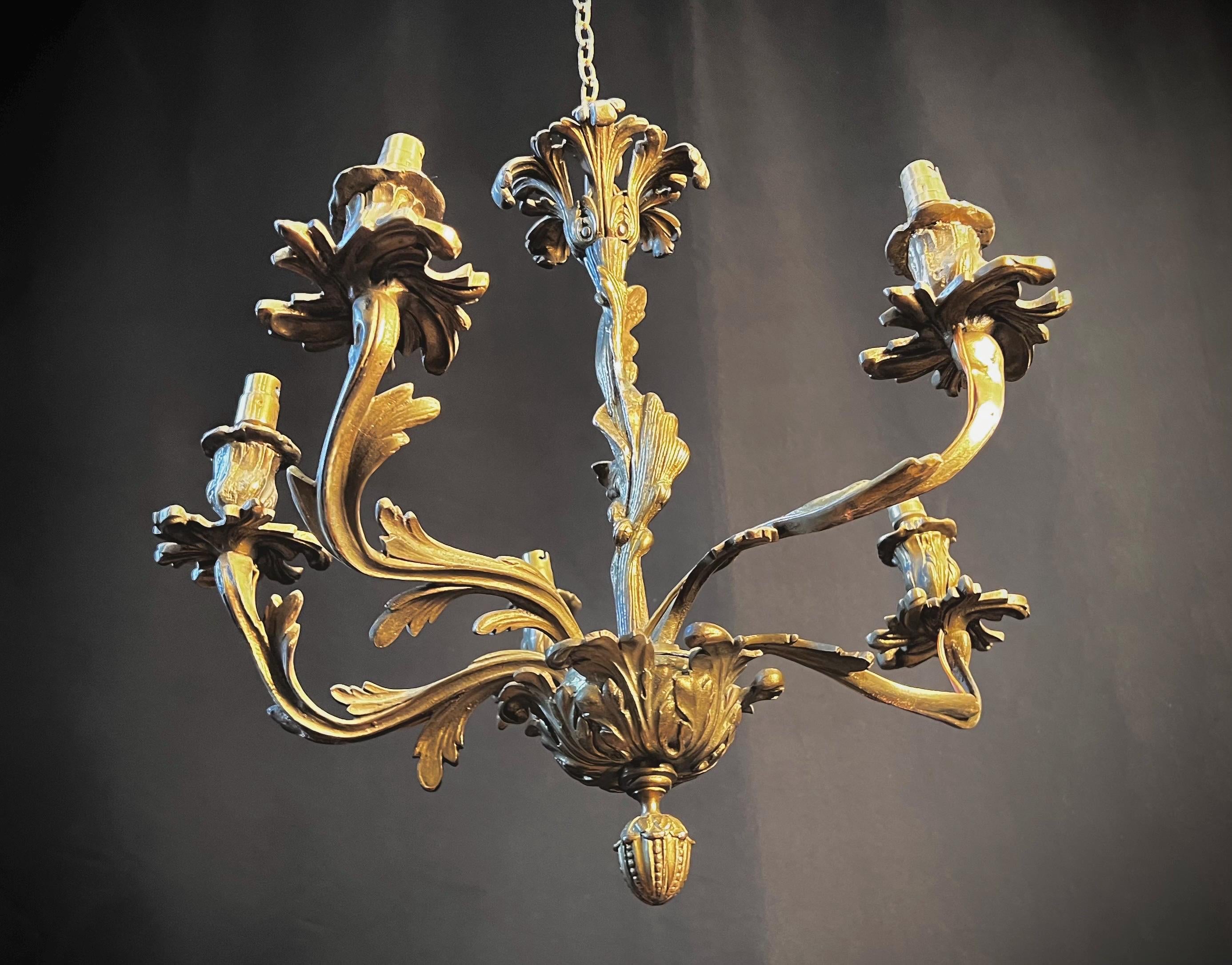 Large Antique Gilt Bronze Chandelier |  Weighty Hanging Baroque Ceiling Light