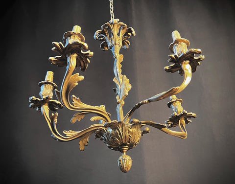 Large Antique Gilt Bronze Chandelier |  Weighty Hanging Baroque Ceiling Light